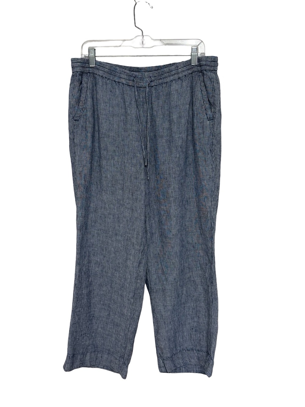 Talbots 100% Linen Wide Leg Crop Pull-On Pants Blue and White Stripe 14 Petite